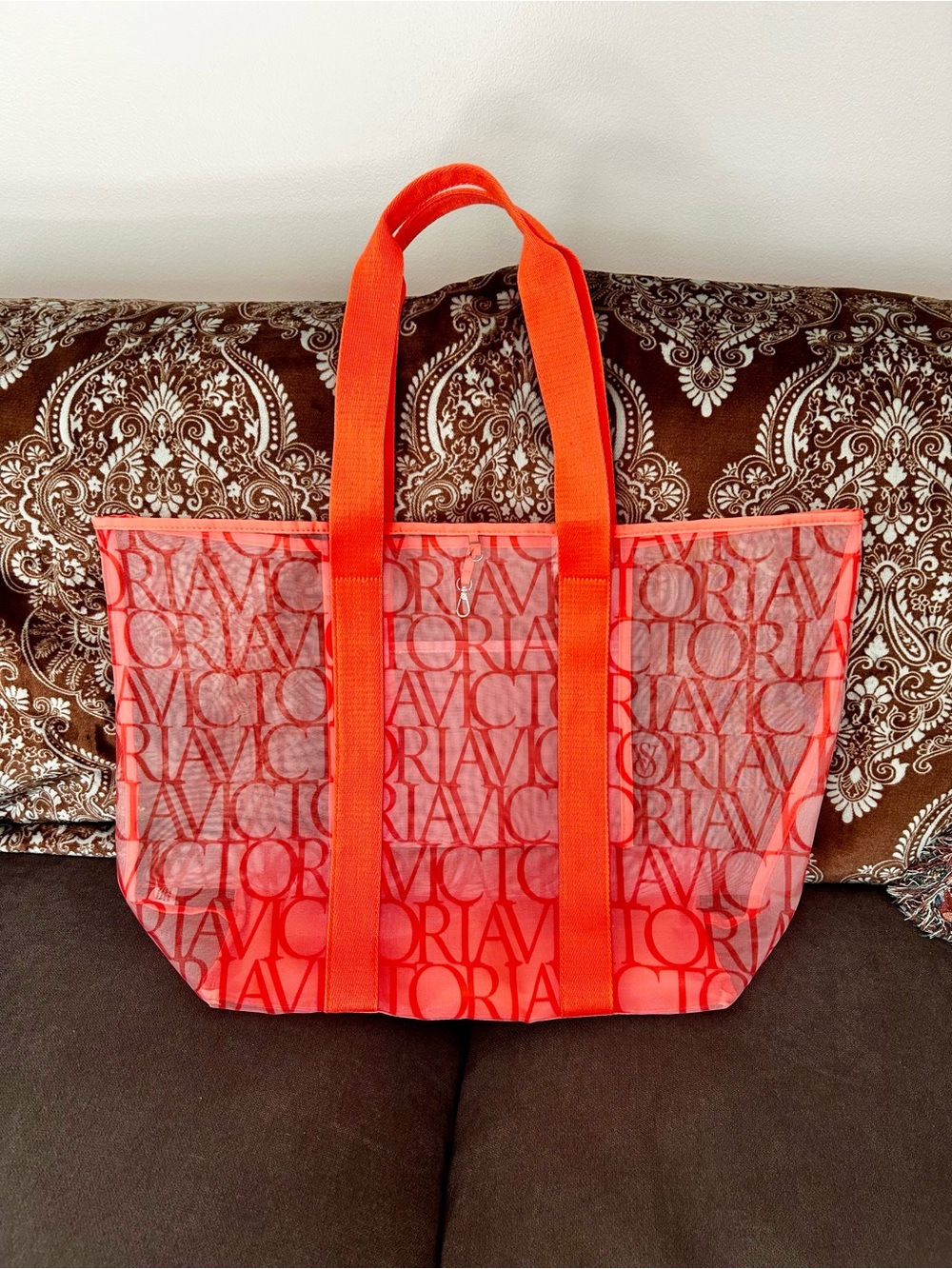 Victoria's Secret Coral Orange Logo Mesh Carryall Tote Bag